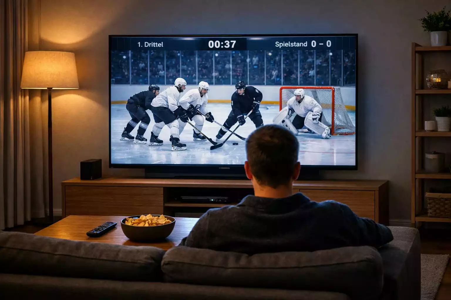 Eishockey im TV und Stream: Zuschauer verfolgen ein DEL-Spiel auf dem Bildschirm