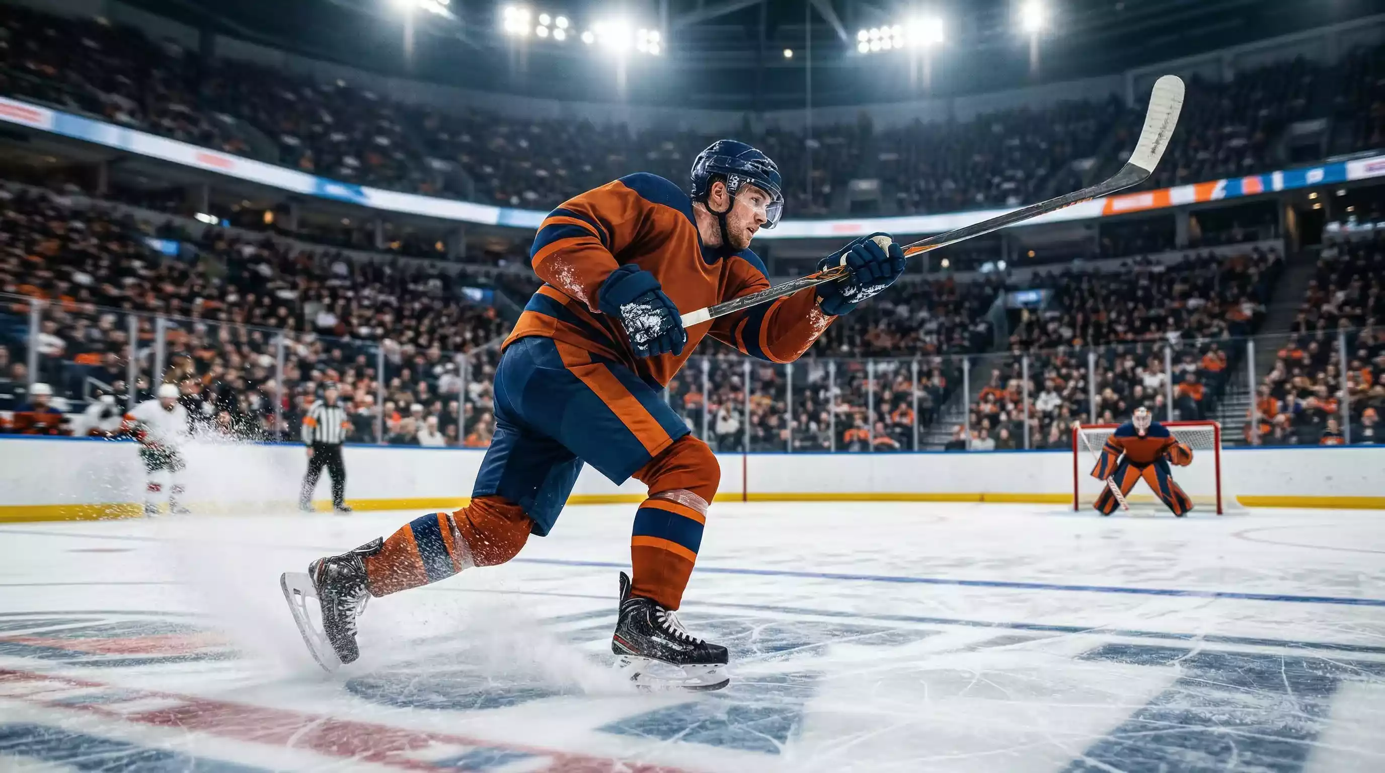 Deutsche NHL-Stars: Eishockeyspieler in NHL-Ausrüstung auf dem Eis während eines Spiels